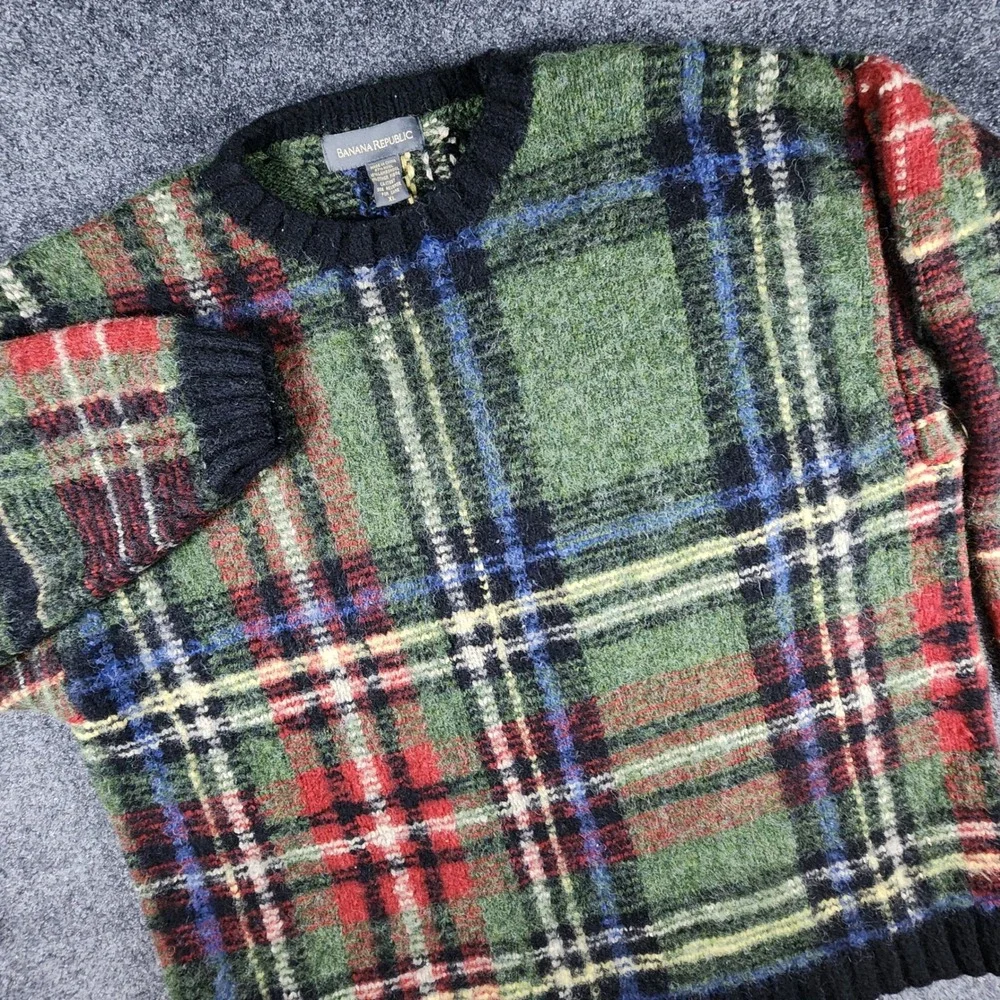 VTG Banana Republic Fuzzy Knit Sweater Mens XL Green Plaid Wool Blend Crew Neck